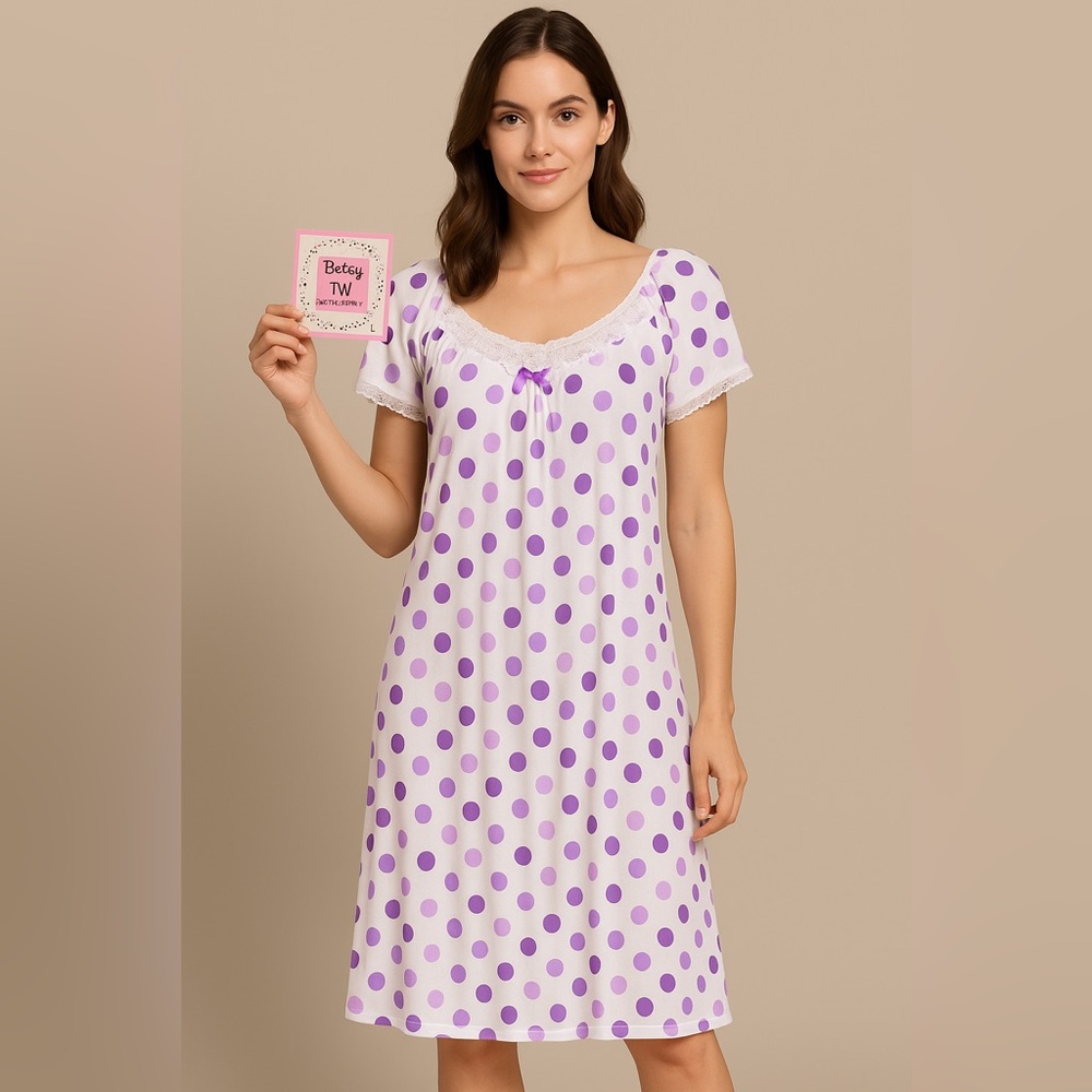 Betsy TW Purple Polka Dot Lace Trim Nightgown Size L NWT